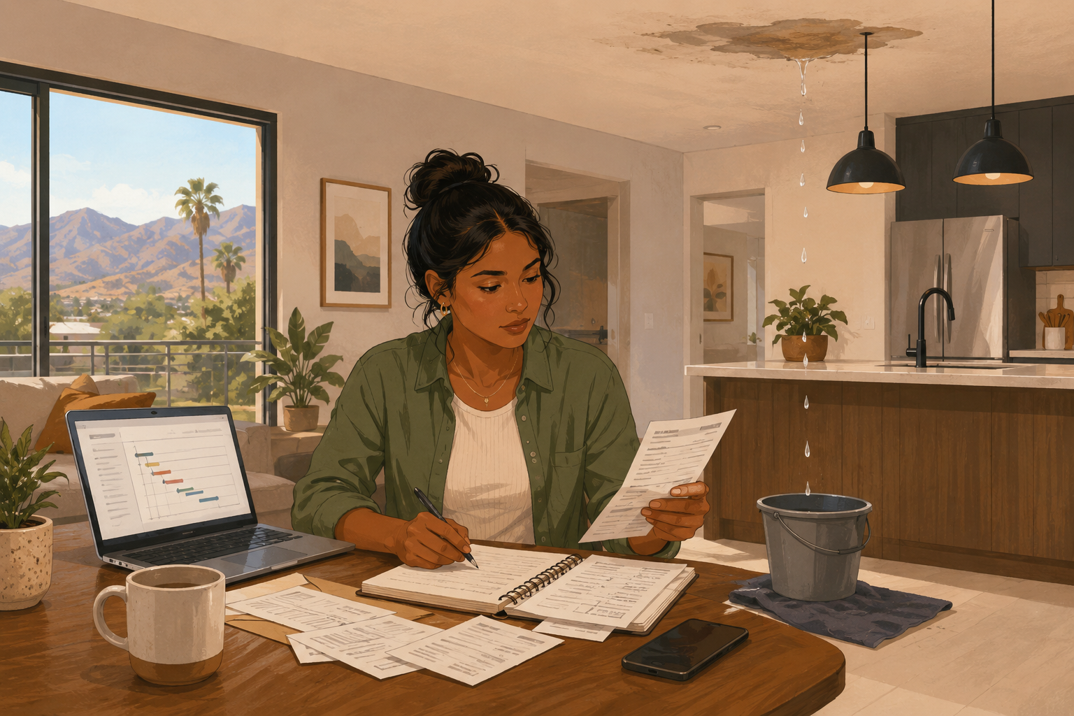 Tenant reviewing rent and repair records in a high-cost California rental with visible water intrusion, illustrating retroactive rent abatement for habitability problems