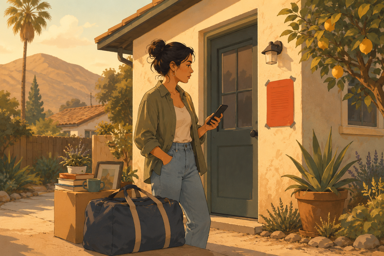 Illustrated California tenant outside a red-tagged, unpermitted rental unit with a posted city vacate notice, illustrating tenant rights after a code enforcement order to leave