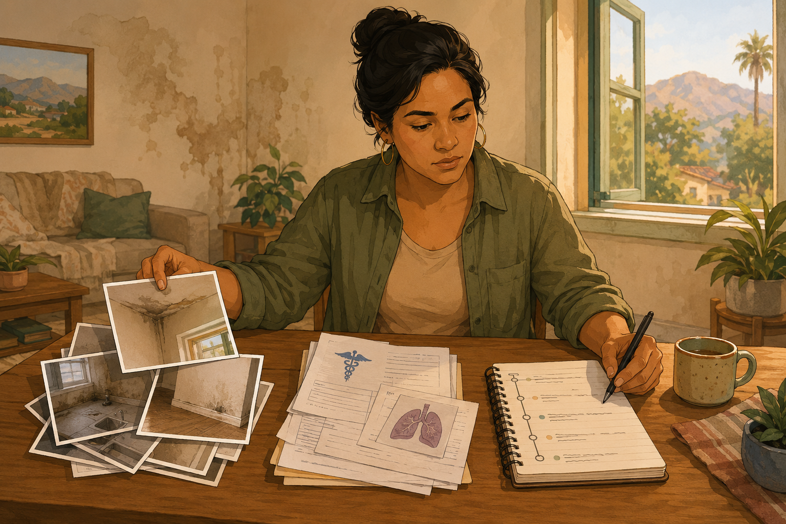 Tenant in a California rental documenting mold and water damage while keeping medical records, illustrating the evidence needed for a substandard housing injury claim